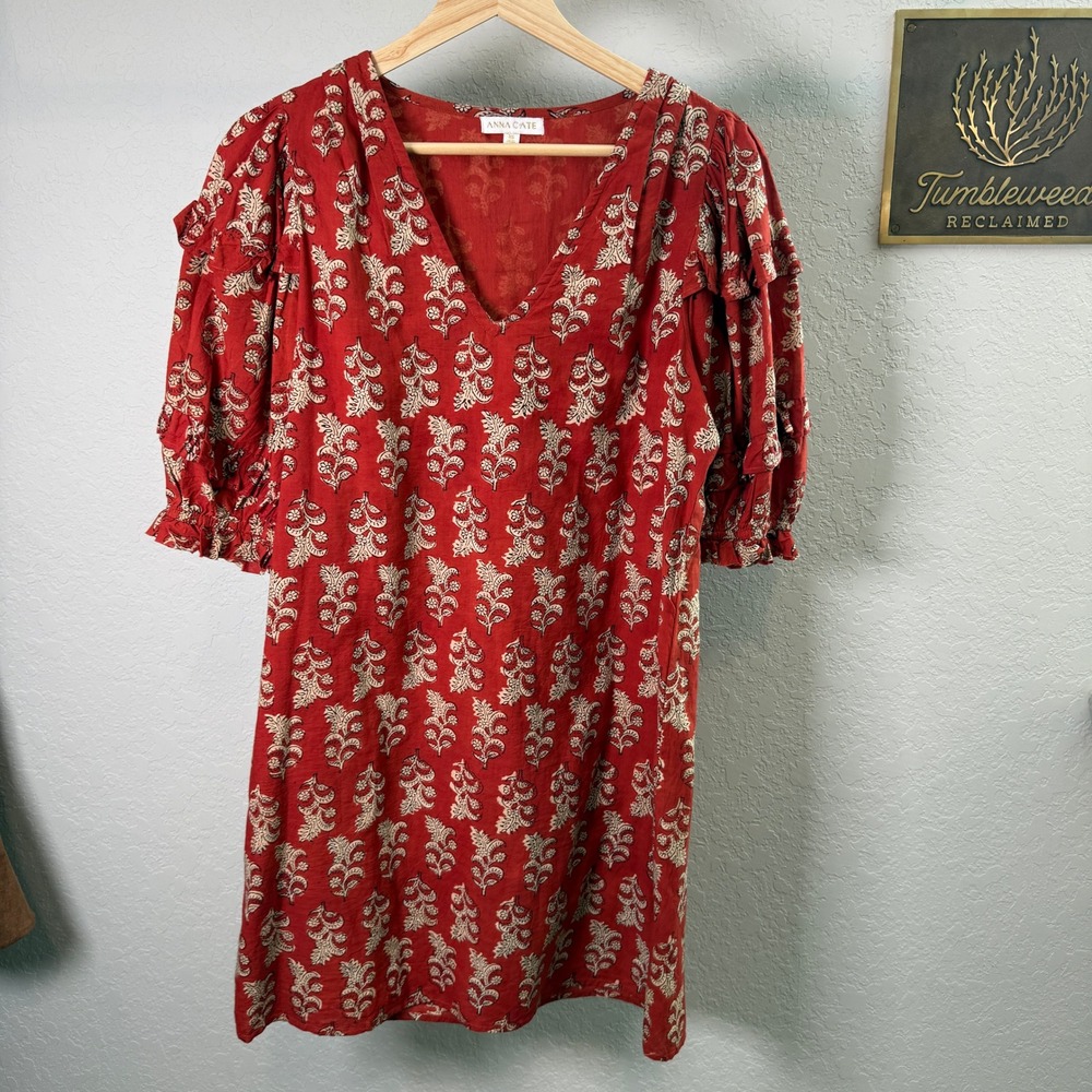 Anna Cate Red Block Print Cotton Mini Dress Ruffle Puff Sleeve XS